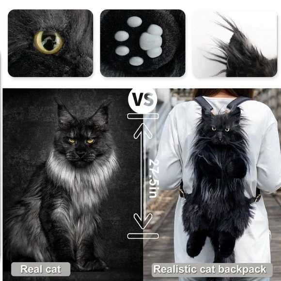 Cat Shaped Backpack - Handcrafted Stuffed Animals Bag, Black Cat Plush Bag new - Picture 3 of 9